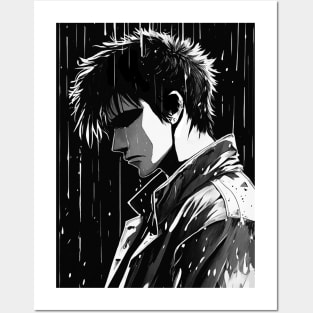 Sad manga man in the rain Posters and Art